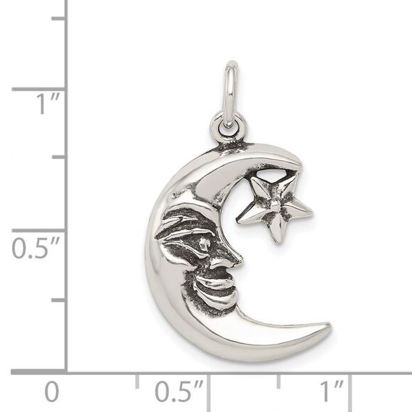 Sterling Silver 2D Antiqued Crescent Moon and Star Pendant - Picture 4 of 5